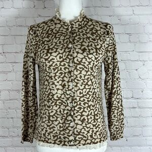 J Crew 100% Merino Wool Leopard Print Ruffle Neck and Hemline Cardigan Medium